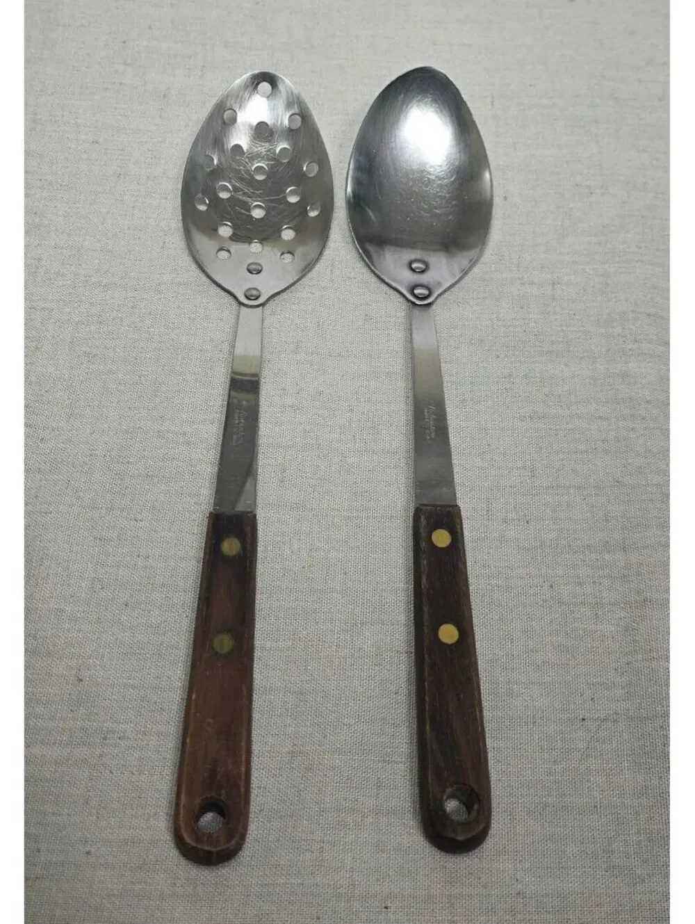 Vintage Robinson Stainless Steel Serving Spoon Slotted Spoon Wood Handle Set